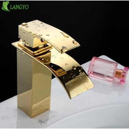 Free Shipping Hot and Cold Mixers Contemporary Waterfall Gold Bathroom Faucet Single Handle Single Hole Bbrass Basin Tap LT-503K