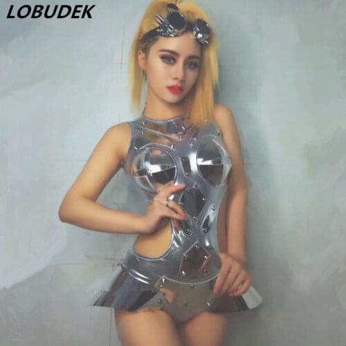 Silvery Mirrors Reflective sequins Bodysuit Sexy hollow out silvery jumpsuit Bar Nightclub women DJ singer Jazz dance costume