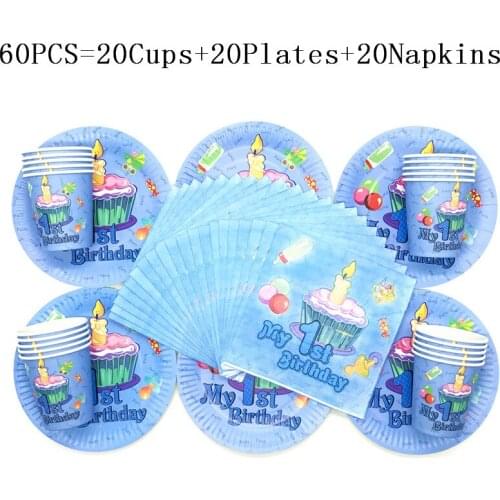 Hot Sale My First Birthday 40PCS/lot Family Party Disposable Tableware Birthday Party Baby Shower Blue Cup Plate Napkin Supply