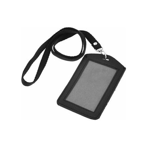 Faux Leather Neck Strap Vertical Work Bussiness Card Holder Container Black