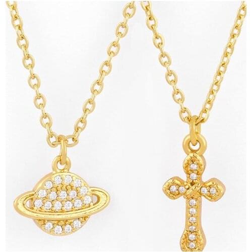 Cross moon micro pave cz zircon cubic zirconia necklace copper Clavicle gold plated Snake Chain Choker Pendant g34