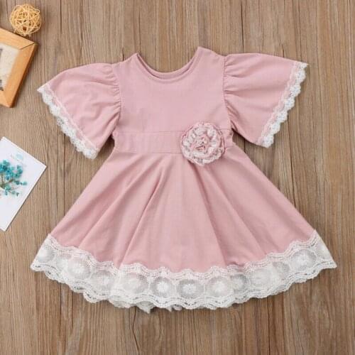 Free shipping Kids Baby Girl Dress Lace Floral Party Princess Short Sleeve Solid Dress Clothes