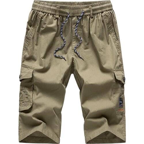 Mens Long Khaki Cargo Shorts Breeches Three Quarter Trouser Capri Cotton Bermuda Male Straight Pocket 2020 Hot Men Casual Shorts