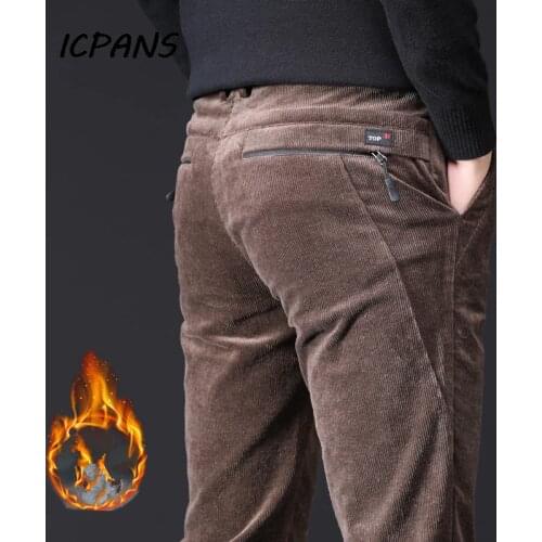 ICPANS Thicken Fleece Corduroy Winter Pants Men Zipper Black Khaki Pencil Pants Male Trousers of Leisure Mens Casual Pants