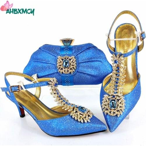Sky Blue Color New Design Nigerian Women Shoes and Bag Set to Match Pretty Price Mature Thin Heels Shoes for Wedding Party