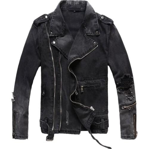 New Fashion Hi Street Mens Ripped Denim Jackets With Multi Zippers Streetwear Distressed Motorcycle Biker Jeans Jacket