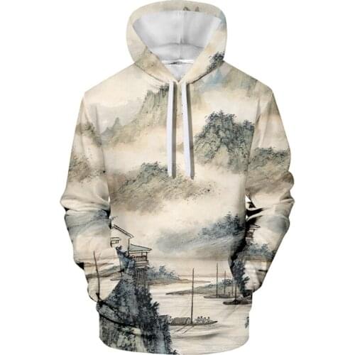 New products, creative antique landscape, peripheral printing 3D hooded drawstring mens sweater outfit, customizable