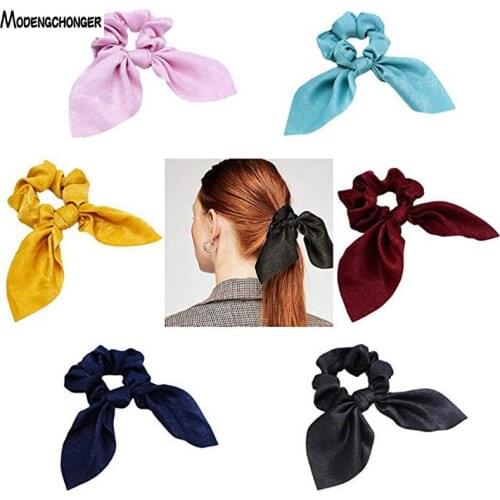 Pure Color Elastic Hair Band Rabbit Ear Bow Pearl Hair Rope Satin Ponytail Scrunchie Hair Tie Girls Women Gum Hair Accessories
