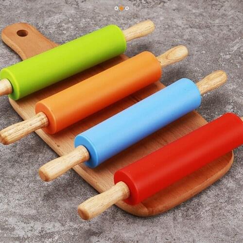 Solid Wood Handle Food Grade Silicone Flour Stick Roller Non-Stick Rolling Pin Kitchen Pastry Baking Noodle DIY Accessories Tool