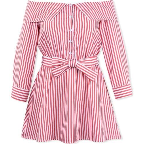 Red Stripe Sexy Slash Neck Long Sleeve Dress For Women Elegant Bow Tie Sashes A-line Mini Shirt Dress Female Summer High Street