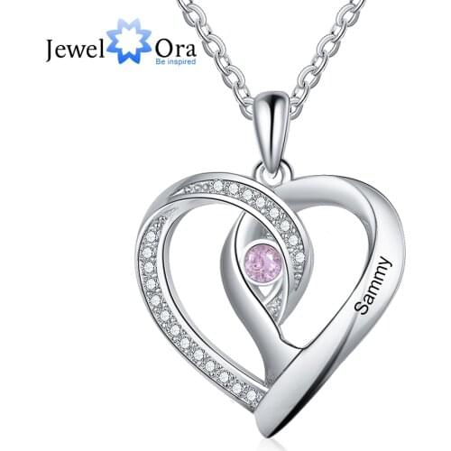JewelOra Personalized Necklaces Heart Pendant Cublic Zircone Jewelry Customized Birthstone Engraved Name Charm Gift for Women