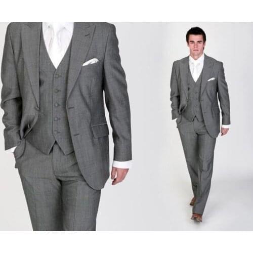 Italian Luxury Mens Grey Suits Jacket Pants Formal Dress Men Suit Set men wedding suits groom tuxedos(jacket+pants+vest+tie))