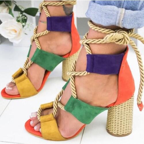 Summer New Ladies Sandals Lace Up Gladiator High Heels Party Wedding Shoes Sexy Lace Up Thick Heel High Heel Sandals Size 35-43