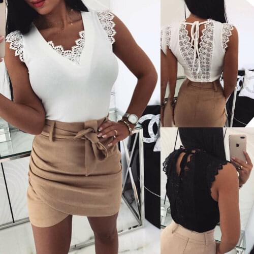 Sexy Women Lace T-shirt Top Fashion Ladies Holiday Casual Camisole Tank Top Sleeveless V-Neck Solid Slim Female T-shirt