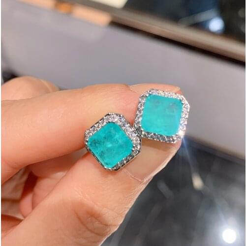 QTT Brand New Paraiba Emerald Square Tourmaline Gemstone Earring Glittering 925 Sterling Silver Earrings Engagement Party
