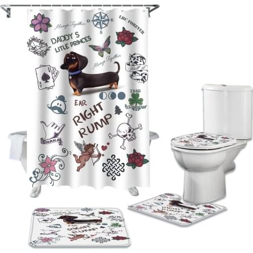 Bathroom Shower Curtain and Rug Sets Dachshund Flower Love Poker Compass Toilet Lid Cover Bath Mat Waterproof Shower Curtains