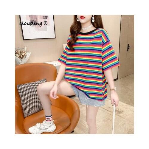 Sweet Rainbow Stripe Women Summer T-Shirt Minimalist Short Sleeve Women clothes Vogue Tops tee shirt couple clothes tshirt top