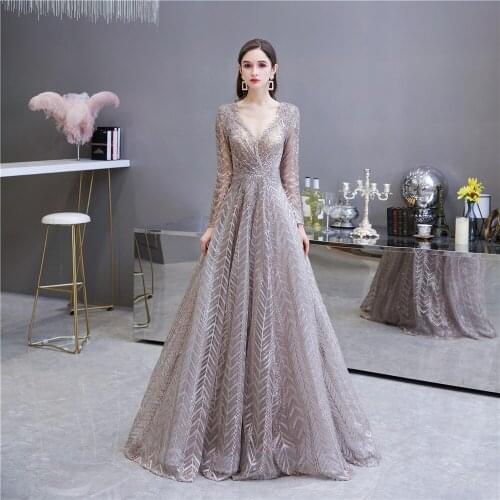 Unique Lace Beaded Evening Dress V Neck Long Sleeve A-line Prom Gown Custom Made