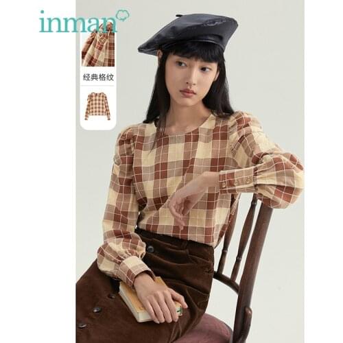 INMAN Autumn Spring Blouse Women Retro Literary Plaid Round Collar Design Pleated Shoulders Romantic Feminine Long Sleeve Shirt