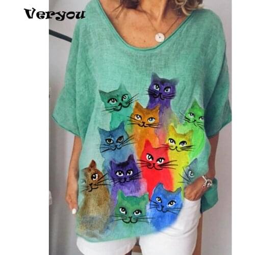 2021 Womens T-shirt Cute Cat Print T-shirt Summer Fashion Woman Casual Tshirt Ladies Tops Vintage Short Sleeve T-shirts T New