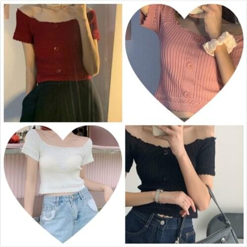 Women Boat Neck Bare Shoulder Short Sleeve Buttons Knitted T-Shirt Top