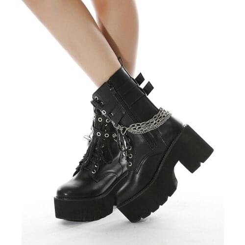 Women Chain Ankle Boots Ladies Woman Buckle Platform Chunky Lace Up Shoes Womens Leather Pumps Female Footwear Plus Size 42