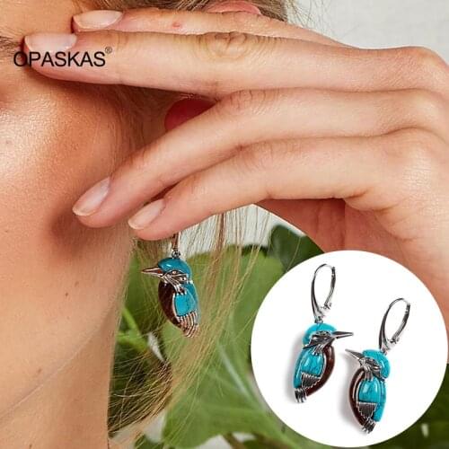 Bluebird Earrings Nature Animal Themed Turquoise Ear Pendant with Large Ring Retro Style Enamel Decor for Women VL