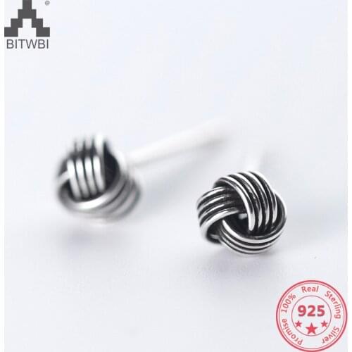 925 Sterling Silver Stud Earrings Women Fashion Simplicity Rretro Knot Cute Ethnic Style Plush Ball Ear Jewelry Girl Gift