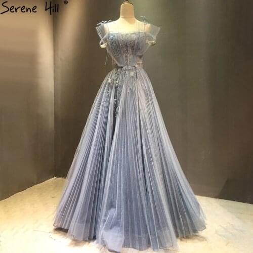 Serene Hill A-Line Blue Tulle Evening Dresses Gowns 2021 Beading Flowers Sexy For Women Party LA71149