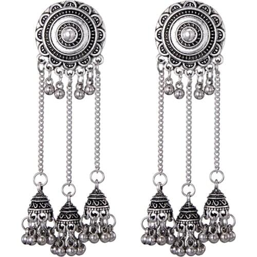 Vintage Statement Antique Silver Plated Earrings For Women Ethnic Chain Long Bohemia Jewelry Bell Drop Dangle Earings Brincos