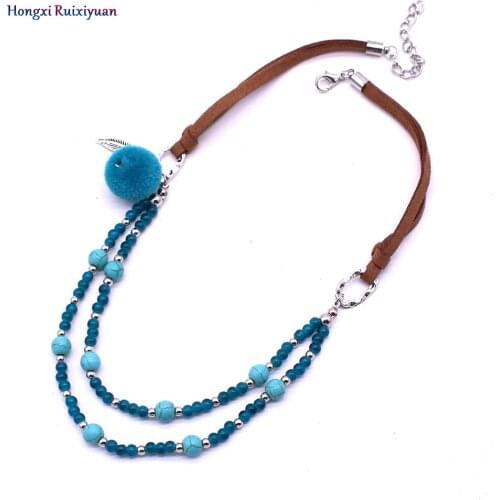 Bohemian Style Handmade Beaded Necklace Fashion Crystal Fur Ball Leather Rope Womens Necklace Natural Stone Necklace Jewelry
