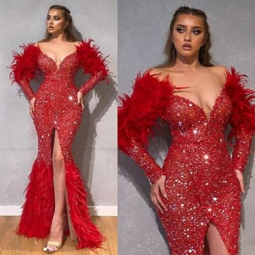 Embellishment Evening Dress Feathers Sleeves Formal Dresses Slit Beads Robe De Soiree Evening Gowns Mermaid Red Vestido De Festa