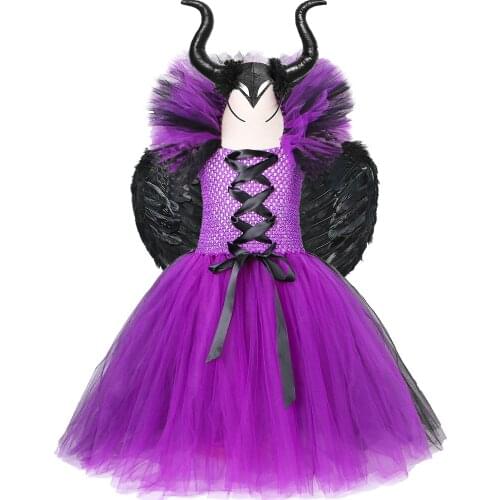 Evil Queen Girls Tutu Dress Gown Kids Halloween Dresses for Girls Witch Cosplay Costume Carnival Party Children Dress Up 1-12Y