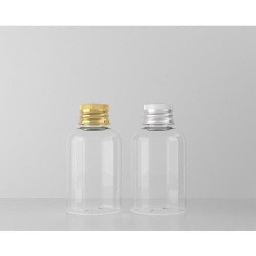 50pcs 50ml Empty Travelclear round plastic bottles with aluminum lids,empty cosmetic packaging container clear Shower Ge bottles