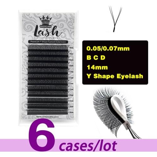 6cases/lot Popular Faux Private Label Bulk Pbt Soft Eyelash C/D Curl Y-Shape Volume 0.07mm Fluffy Eyelash Extensions For Sale