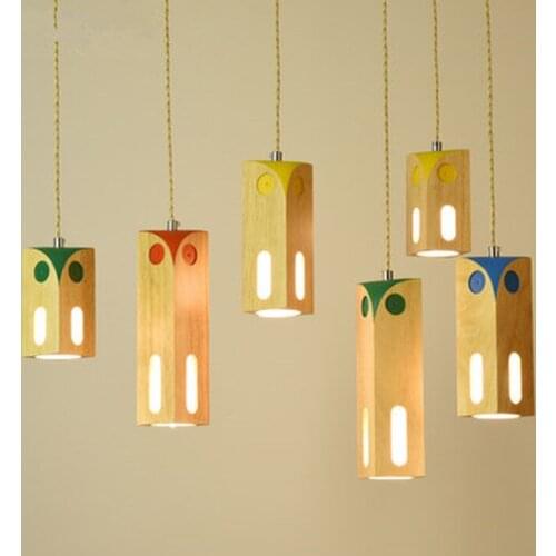 Wooden LED Pendant Lights For Dining Room Colorful Children HangLamp Wood Lampshade Suspension Lighting Bulbs For Free