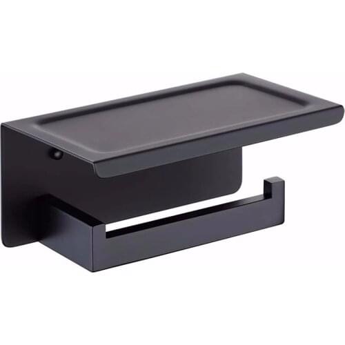Toilet Paper Holder with Shelf, Stainless Steel Paper Roll Holder Wall Mounted, Bathroom Hardware Set (Matte Black)