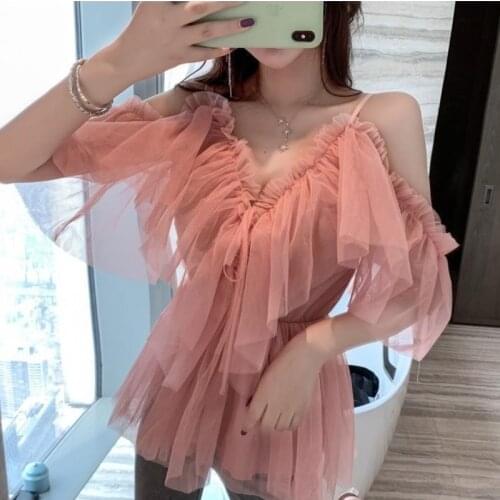 Dream Strapless Lotus Swing Blouses Lace Up Ruffles Chiffon Shirts Mesh Pleated Gauze Off Shoulders Corset Tops V-neck Blusas
