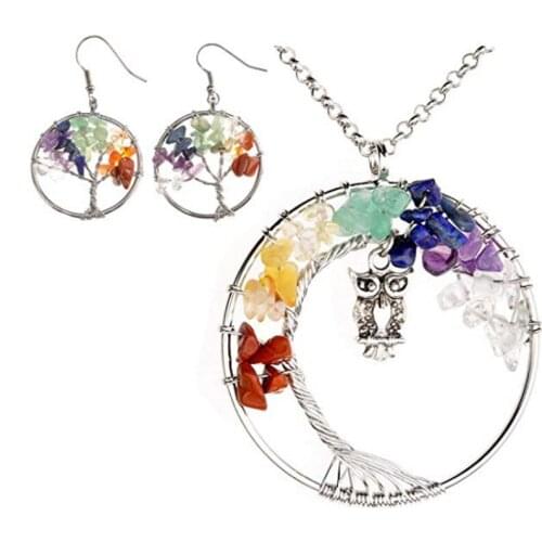 FYJS Unique Silver Plated Wire Wrap Tree of Life with Wisdom Owl Pendant Animal Necklace Rainbow Stone Earrings Jewelry Sets