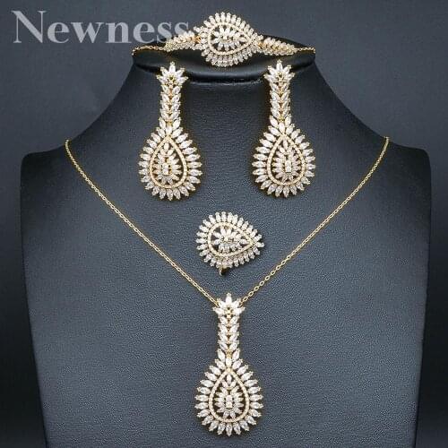 Newness 2020 Luxury Water drop Cubic Zirconia Necklace Bracelet Earring Ring Sets Women Wedding African Dubai Bridal Jewelry Set