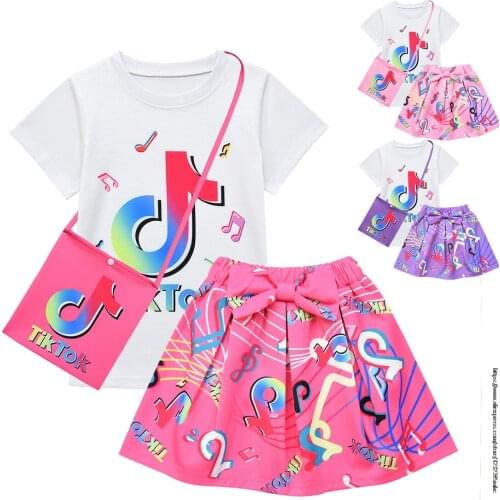 Tik Tok Girls Clothes Sets Summer Tik Tok short sleeve top+Bow cartoon print skirt+Bag 3-piece kids Childrens Clothing Suit