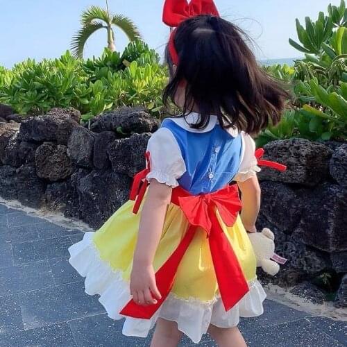 Summer Short Sleeve Kids Party Dress Girl Patchwork Puff Sleeve Children Girl Princess Dress Cotton Big Bow Casual Korean Girl