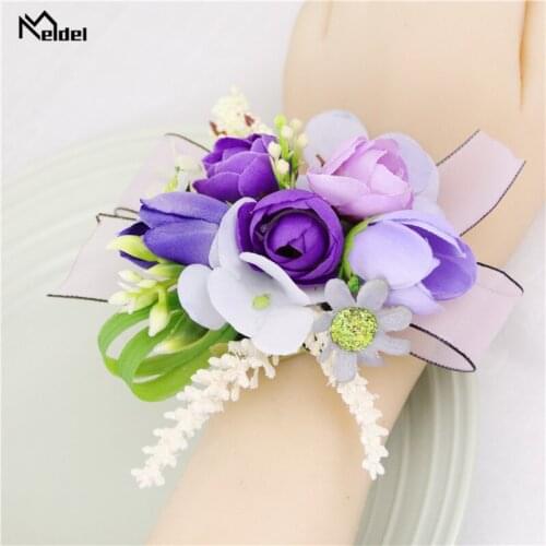 Meldel Wedding Boutonniere Corsage Pins for Men Bridesmaids Wrist Bracelet Groomsmen Boutonniere Prom Suit Marriage Accessories