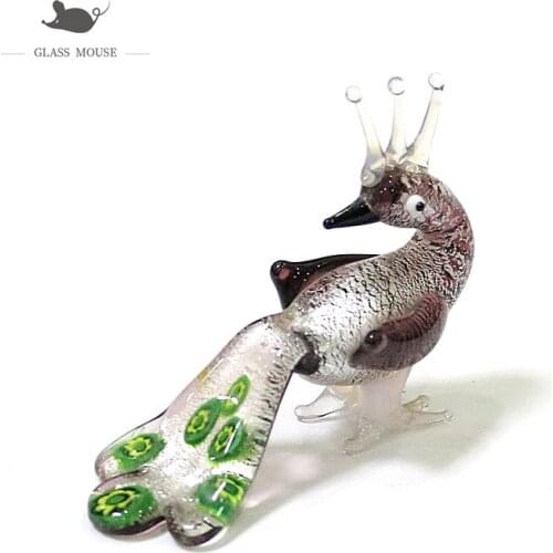 Miniature Figurine Murano Glass Peacock Ornaments Purple Silver Foil Craft Cute Vivid Bird Animals Home Desktop Decor Collection