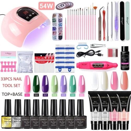 Nail Kit With 54W UV LED Lamp Nail Tip Quicking Build Semi-Permanent Varnish Kit Soak Off Nail Art Tools Poly Nail Extension Gel