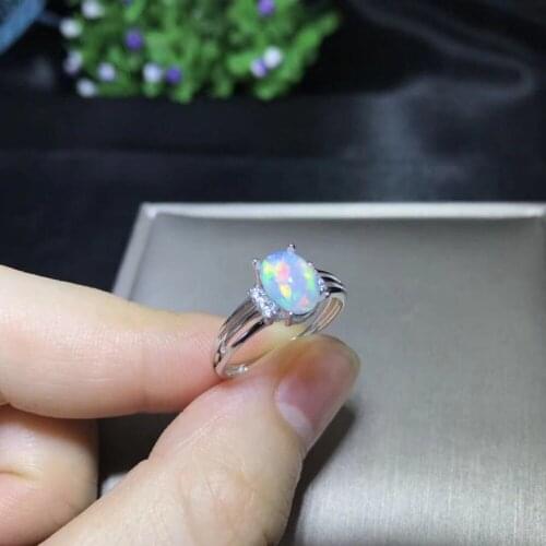 Real Natural Opal Jewelry Oval 6x8mm Multicolor Opal Ring 100% 925 Sterling Silver Wedding Rings for Women Adjustable Rings Size