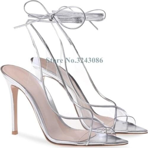 New Pointed Toe PVC Transparent Film Cross Strap Thin High Heels Sandals Peep Toe Ankle Lace Up Stiletto Hees Summer Shoes