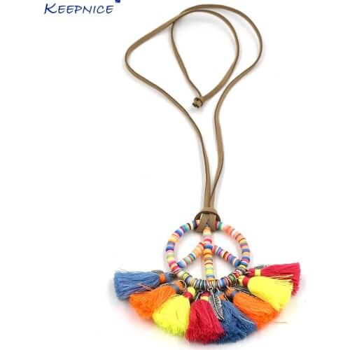 New Handmade Rainbow Colorful Tassel Peace Symbols Pendents Necklace Boho Bohemia Statement Maxi Necklaces For Sea Beach