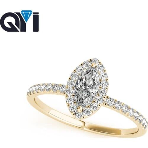 QYI Halo Rings for Women 14k Yellow gold 1.2 ct Marquise Cut Simulated Diamond Engagement Single Row Band Ring
