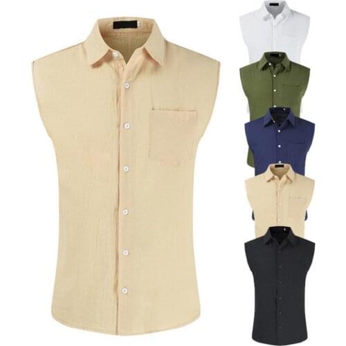High Quality New Summer Fashion Sleeveless Shirts Men Shirt Single-Breasted Solid Color Summer Sleeveless Lapel Top for Dating